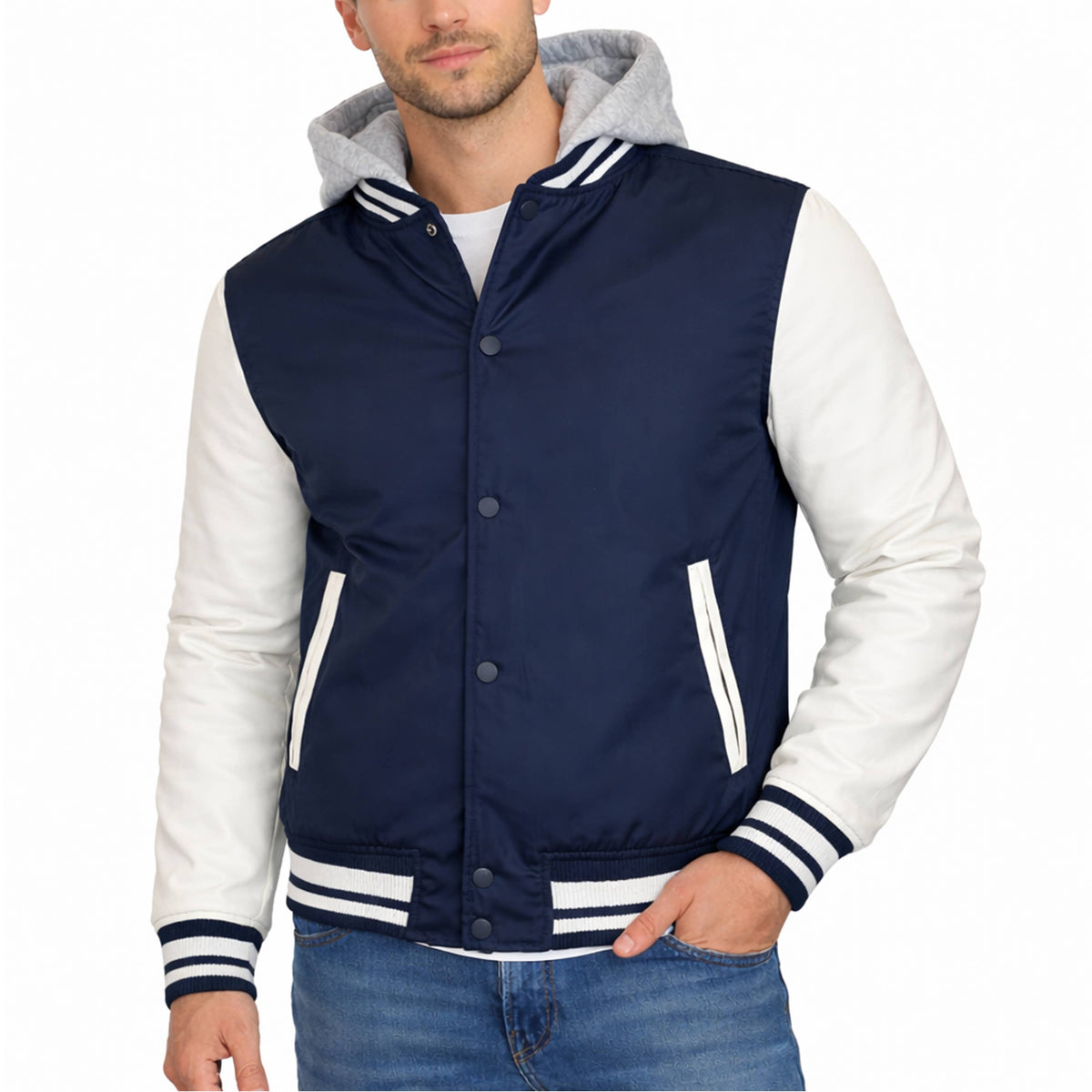 Men’s Hooded Varsity Jacket w/ Detachable Hood
