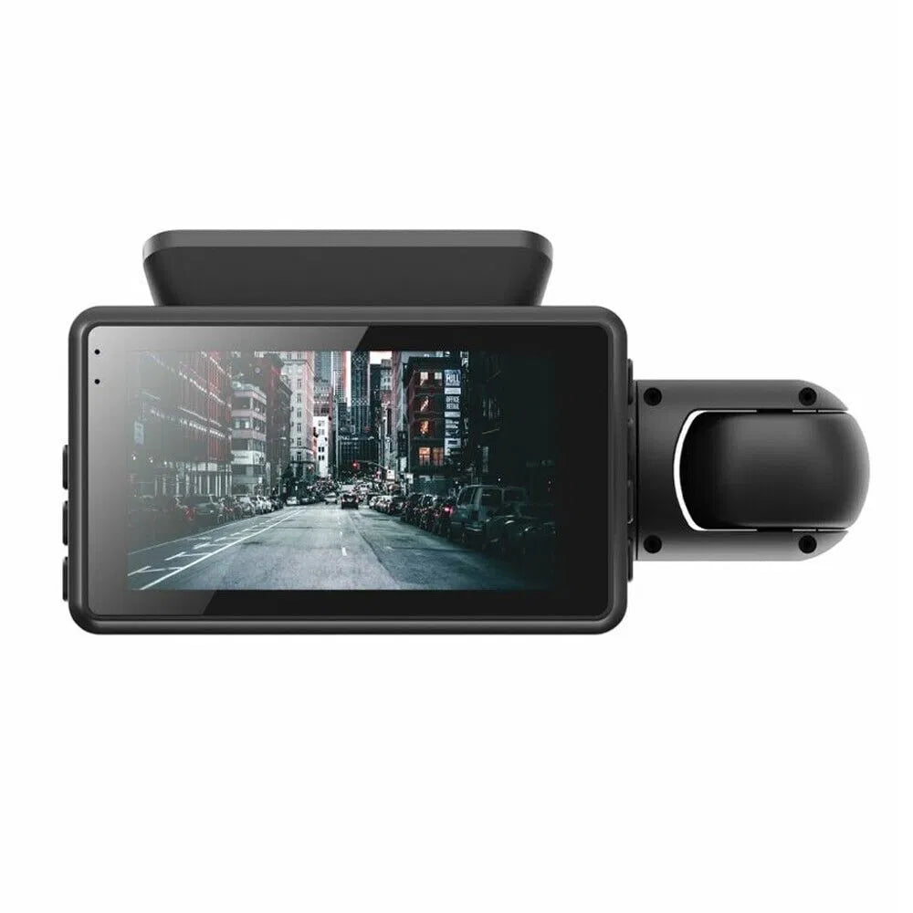 Black dash cam with screen showing city street view and parked cars on both sides