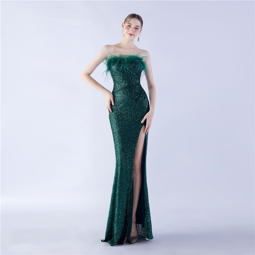 NEW Ostrich Feather Shrink Folding Wrinkle Craft Host High-end Evening Dress