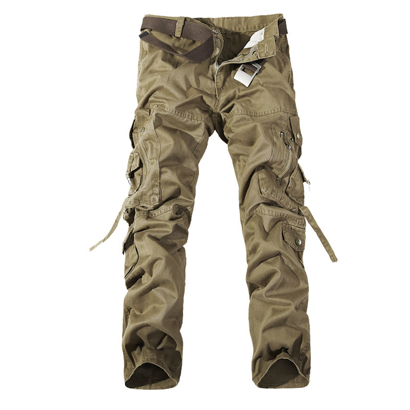 Men's olive green cargo pants with multiple pockets and a black belt on white background