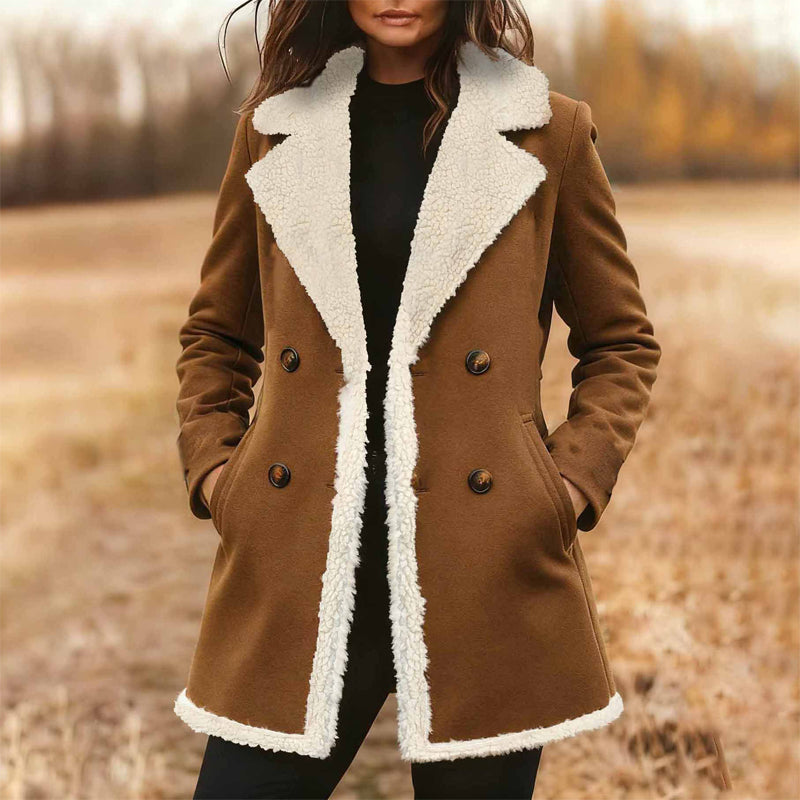Women’s Suede-Look Double-Breasted Trench Coat with Plush Lining & Pockets