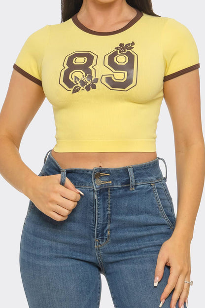 Seamless Contrast Binding "89" Screen Print Top