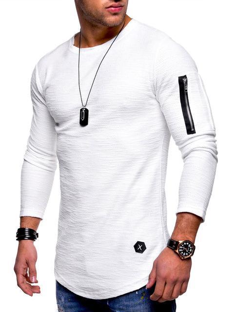 male model wearing white long-sleeve slim fit shirt with black arm zipper and accessories
