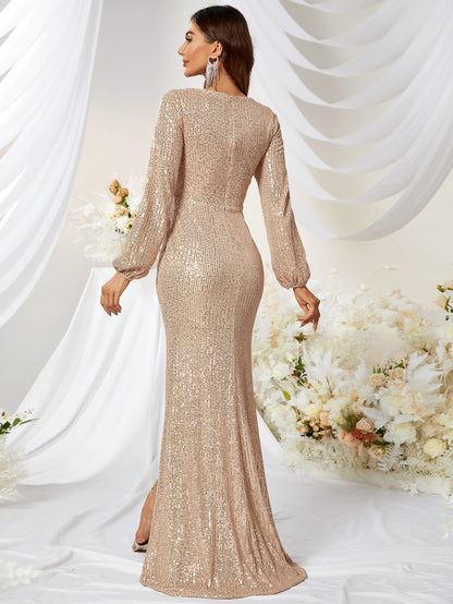 NEW Sequined V-neck Long Sleeve High Slit Slim Fishtail Prom Evening Dress