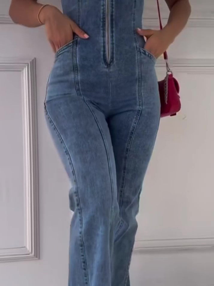 Sleeveless Panel Zip Denim Jumpsuit-Sculpted Fit, Wide Leg, Modern Street Style