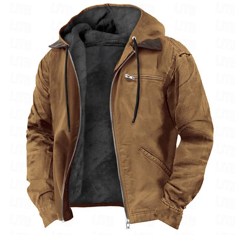 Brown suede jacket with black fleece lining, front zip, hood with black drawstrings, and chest and side pockets