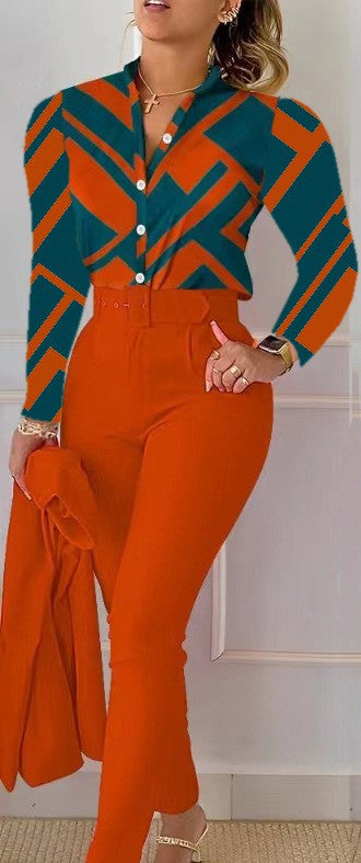 NEW Printed Long-sleeved Top Solid Color Pants Suit With Belt