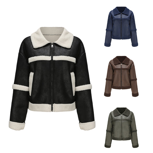 Faux shearling aviator jackets with zip front in black, navy blue, brown, and olive green colors