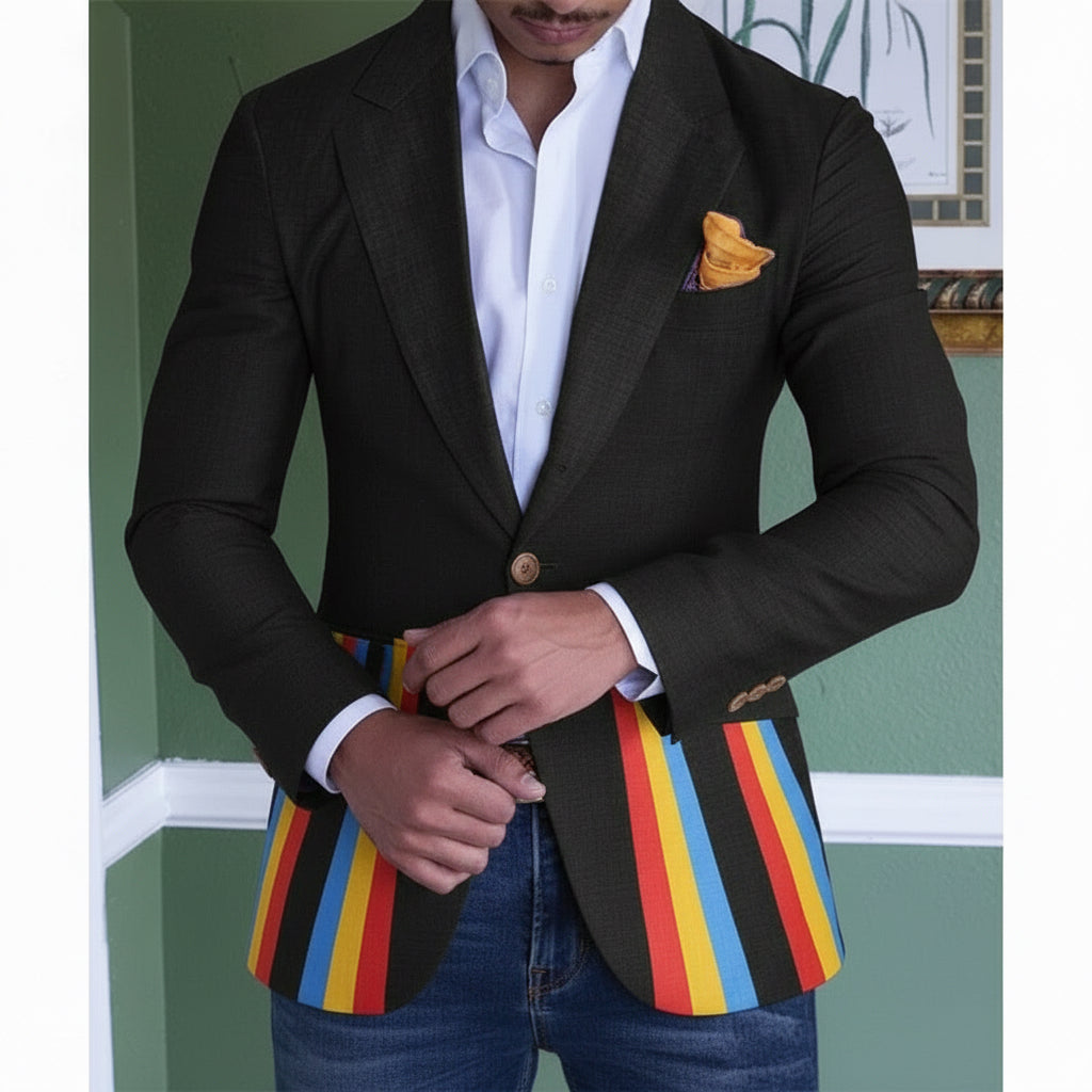 Man wearing a black blazer with colorful vertical stripes and a yellow pocket square over a white shirt