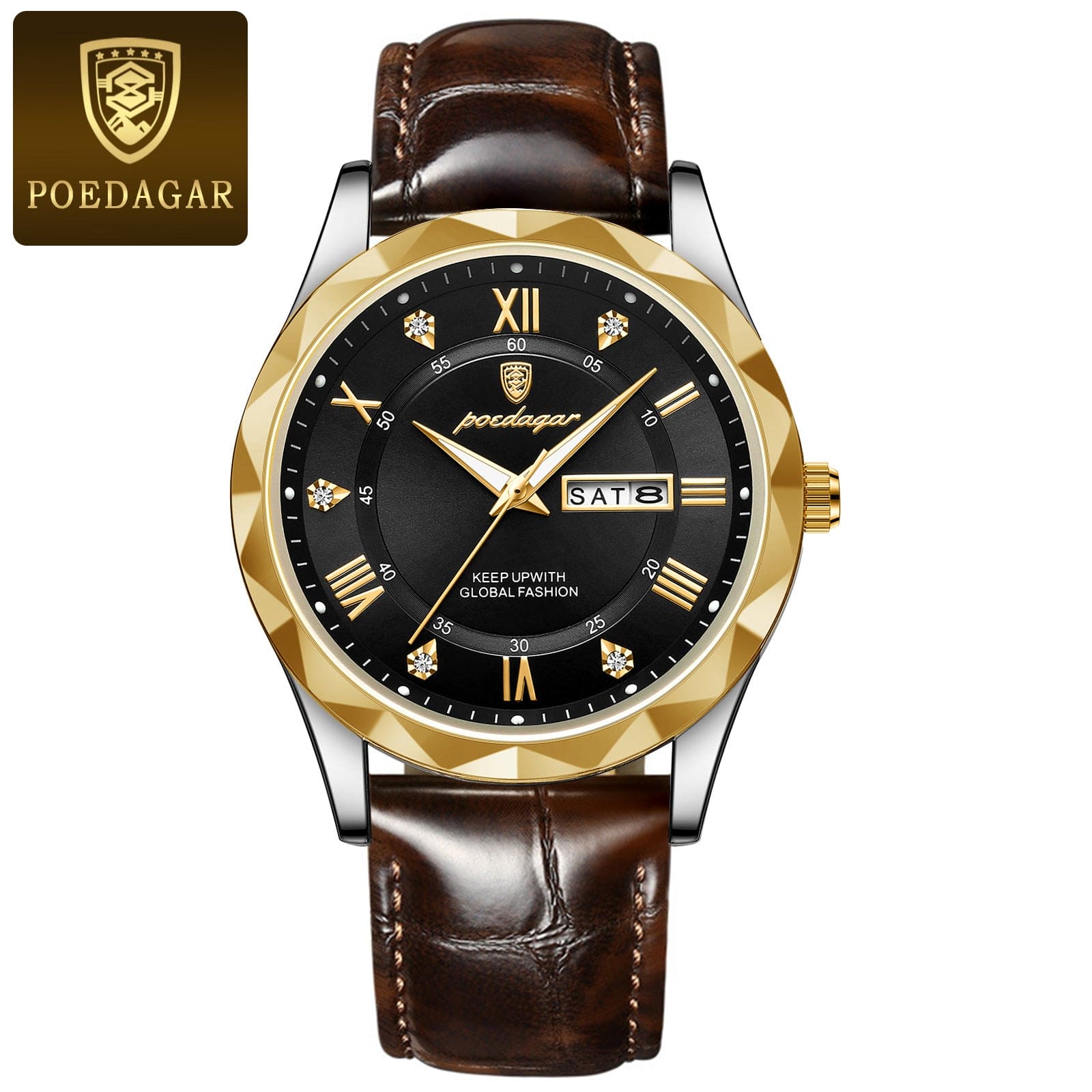 Poedagar men's luxury wristwatch with black dial, gold bezel, Roman numerals, date window, and brown leather strap
