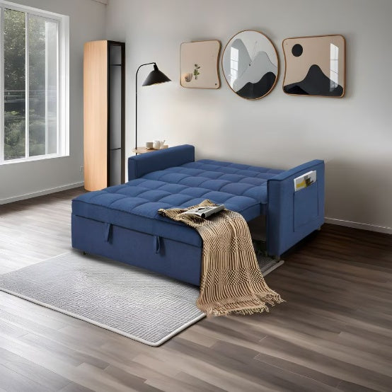 NEW Stylish Blue Pull-Out Sofa Bed With Woven Polyester Fabric &amp; Solid Wood Frame