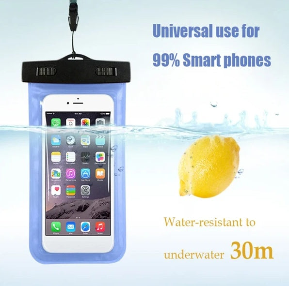 Smartphone inside blue waterproof case submerged underwater with lemon and text about 30m water resistance