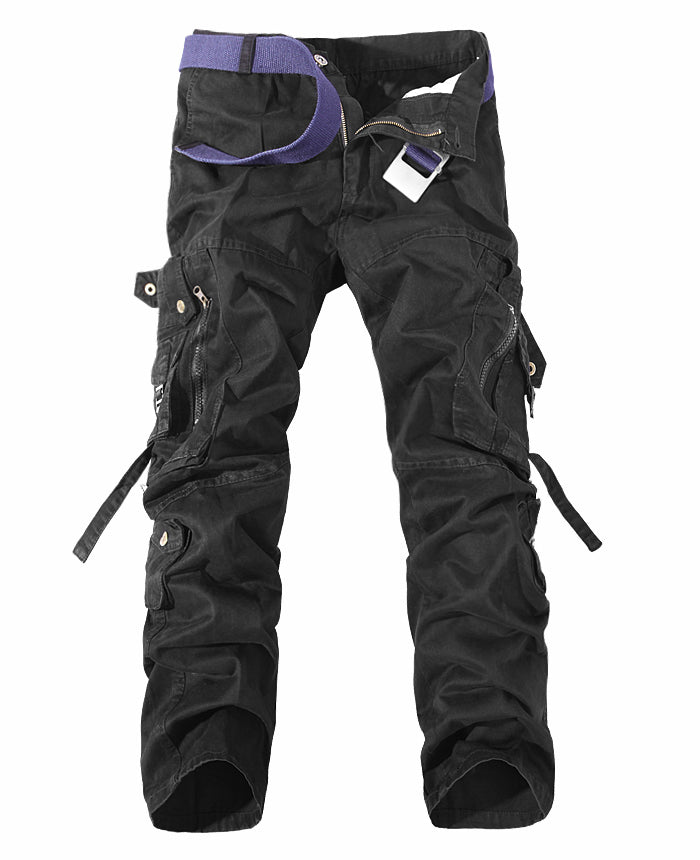 Black cargo pants with multiple pockets and zippers, featuring a purple belt on white background