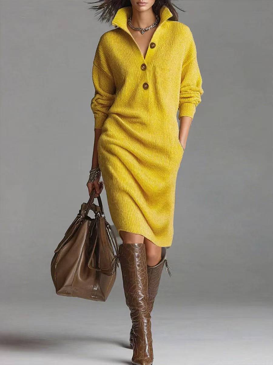 Woman wearing yellow knit button-up dress with collar, brown knee-high boots, and carrying large brown leather handbag