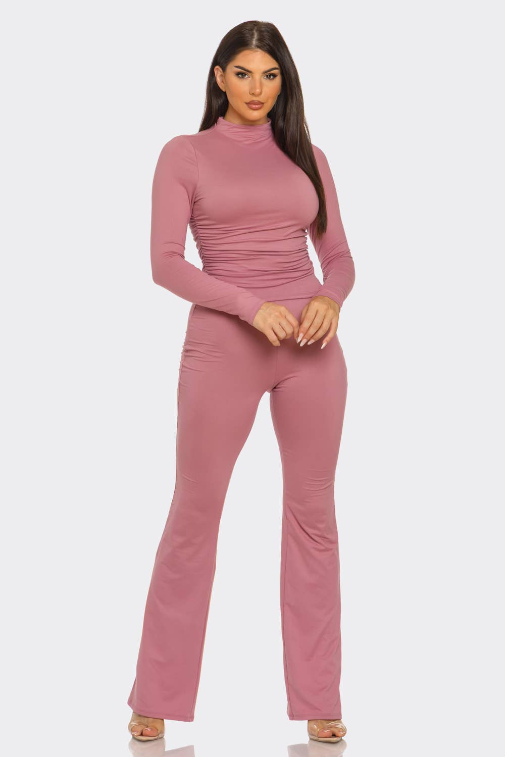Mock Neck Shirring Top And Flare Leggings Set