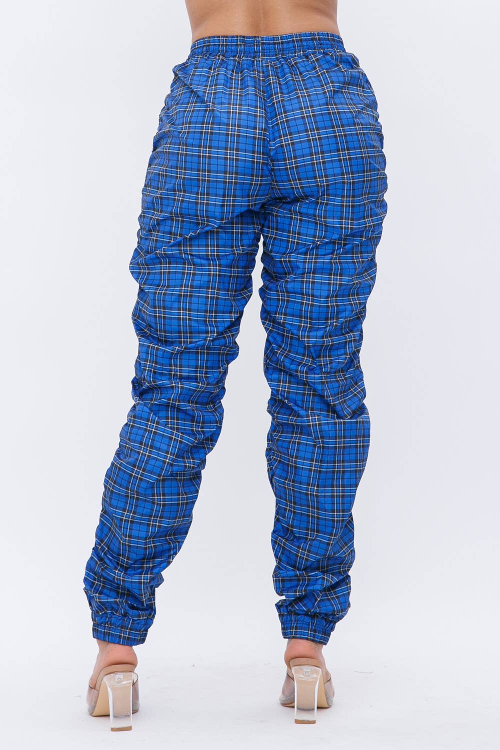 Plaid Print Wind Breaker Drawstring Shirring Jogger Pants