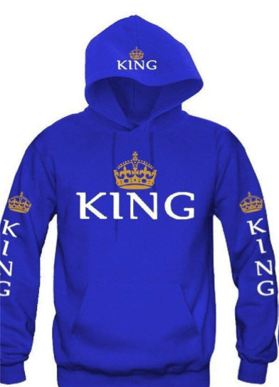 Blue hoodie with golden crown and KING text on chest, sleeves, and hood, men's casual sweatshirt