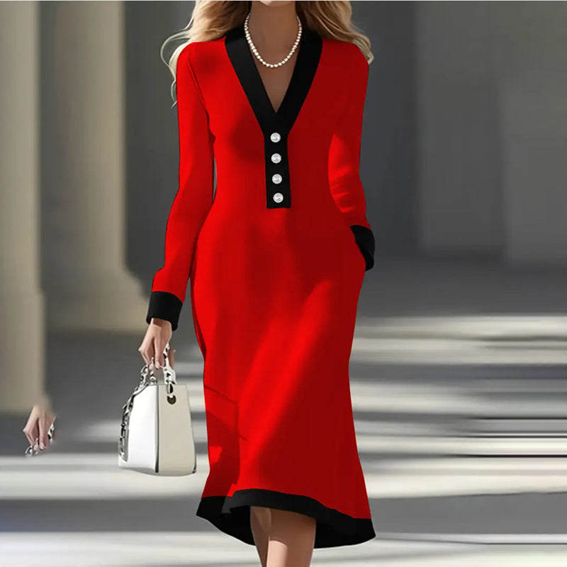 Women's Color Block Maxi Dress, V-Neck Long Sleeve Elegant Casual Dress