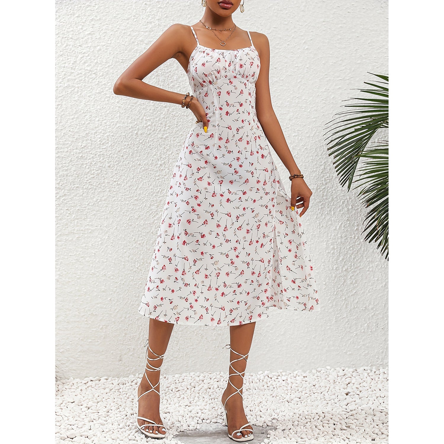 Polka Dot Print Suspender Dress Summer Sexy Slit Long Dresses For Womens Clothing