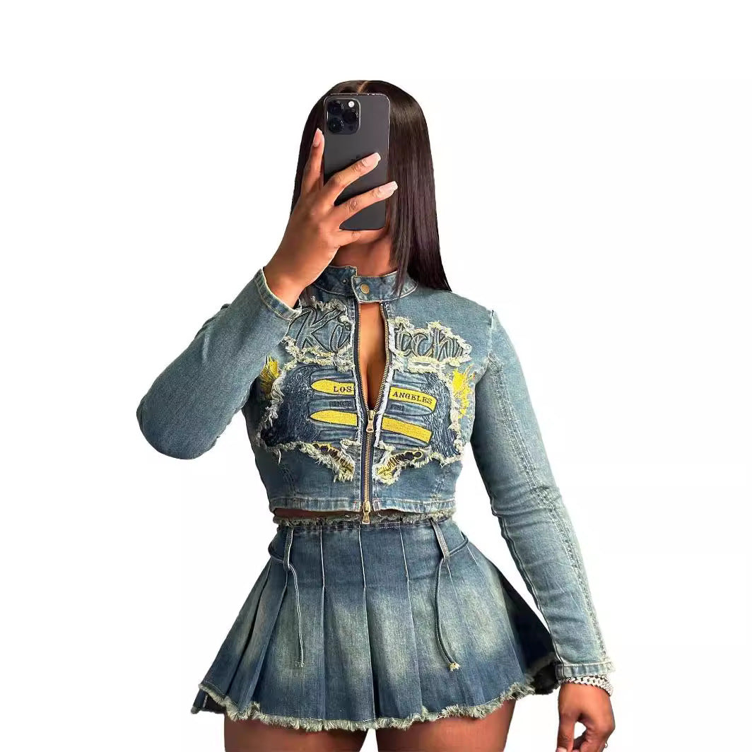 Women’s Embroidered Denim-Style Set – Cotton Top & Skirt / Street Hipster Two-Piece Outfit (S–XXL)