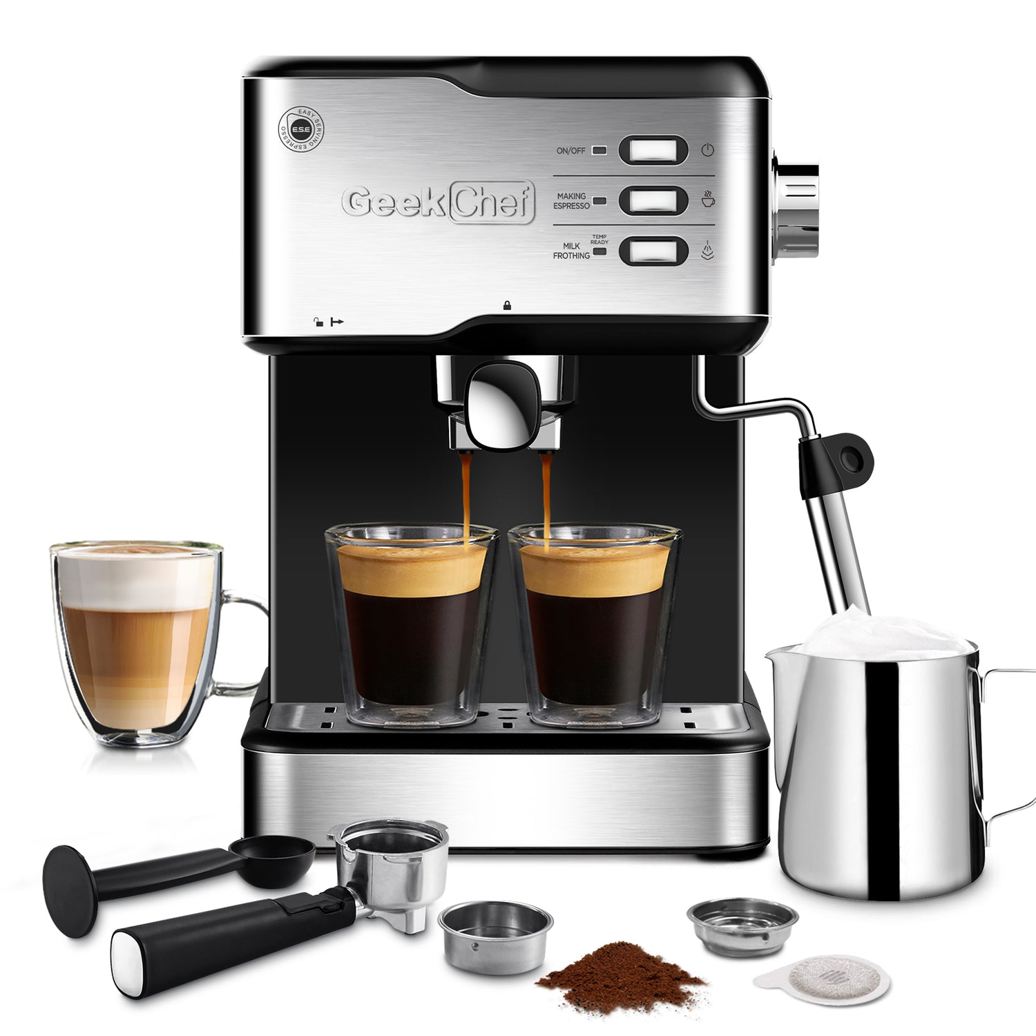 NEW Chef Espresso Machine, Espresso &amp; Cappuccino Latte Maker 20 Bar Coffee Machine Compatible With ESE POD Capsules Filter&amp;Milk Frother Steam Wand, 950W, 1.5L Water Tank Ban On Amazon