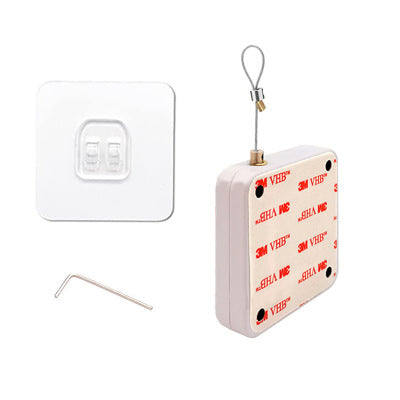 Square white adhesive wall mount with metal loop and included small hex key tool