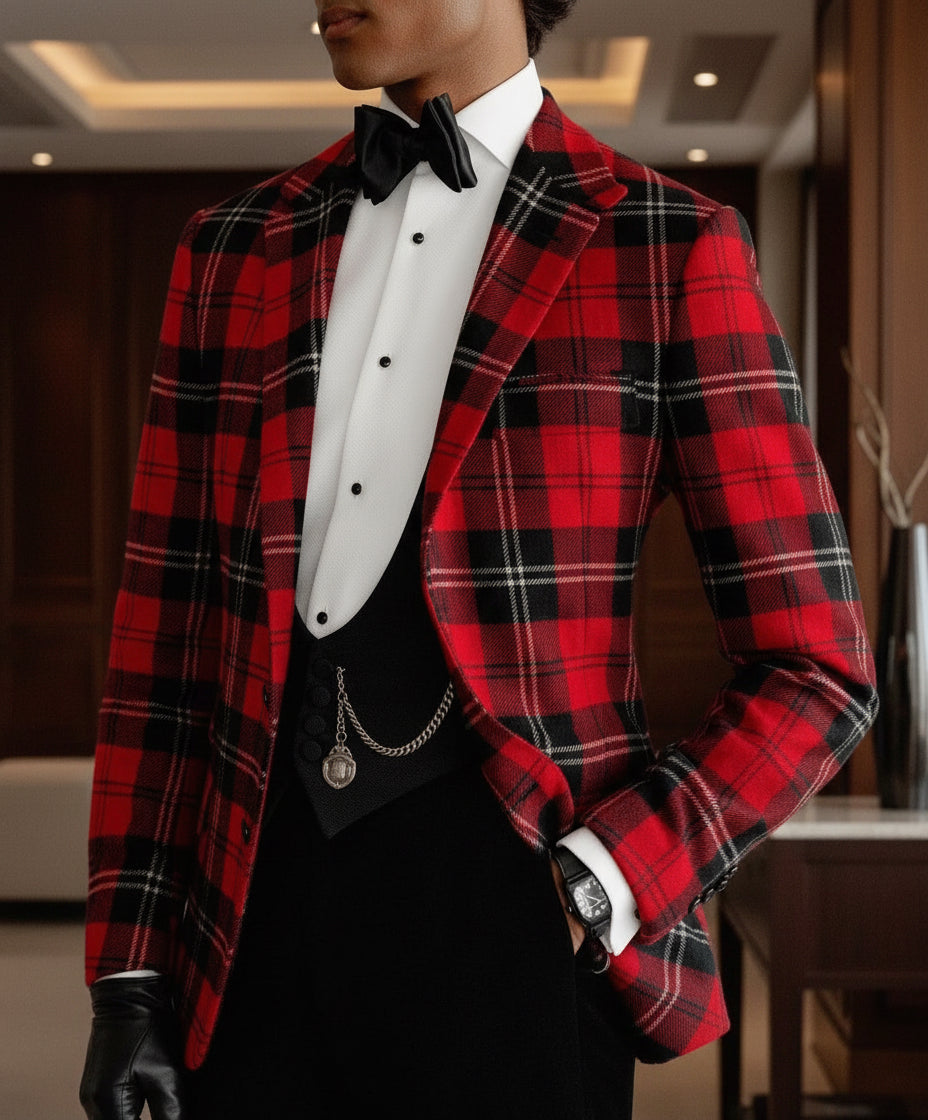 Man wearing red and black plaid blazer, white shirt, black bow tie, black vest with chain, and black gloves