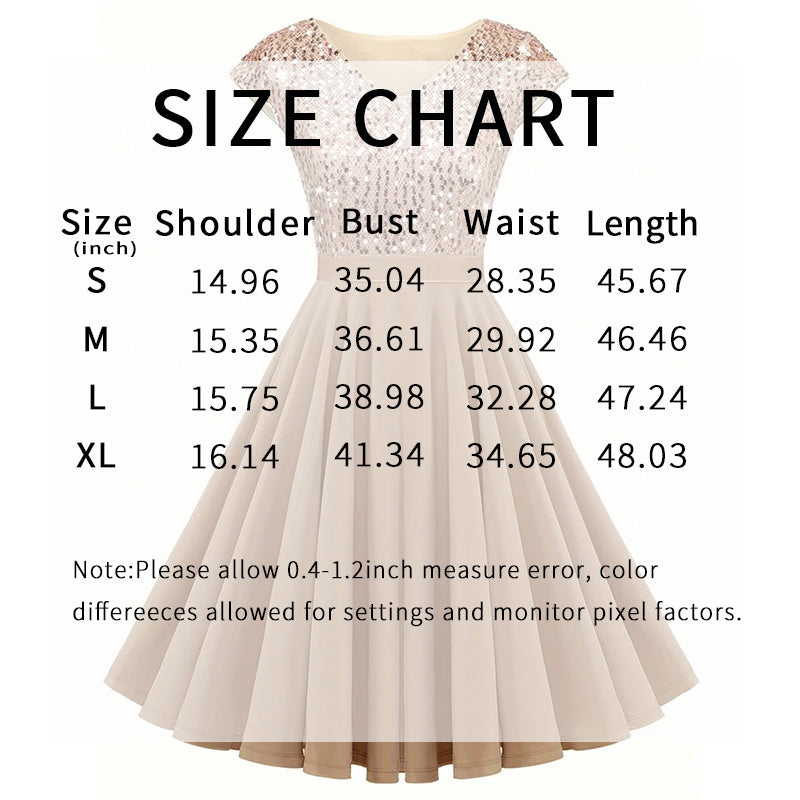 Size chart for women's beige sequin cocktail dress with measurements for shoulder, bust, waist, and length