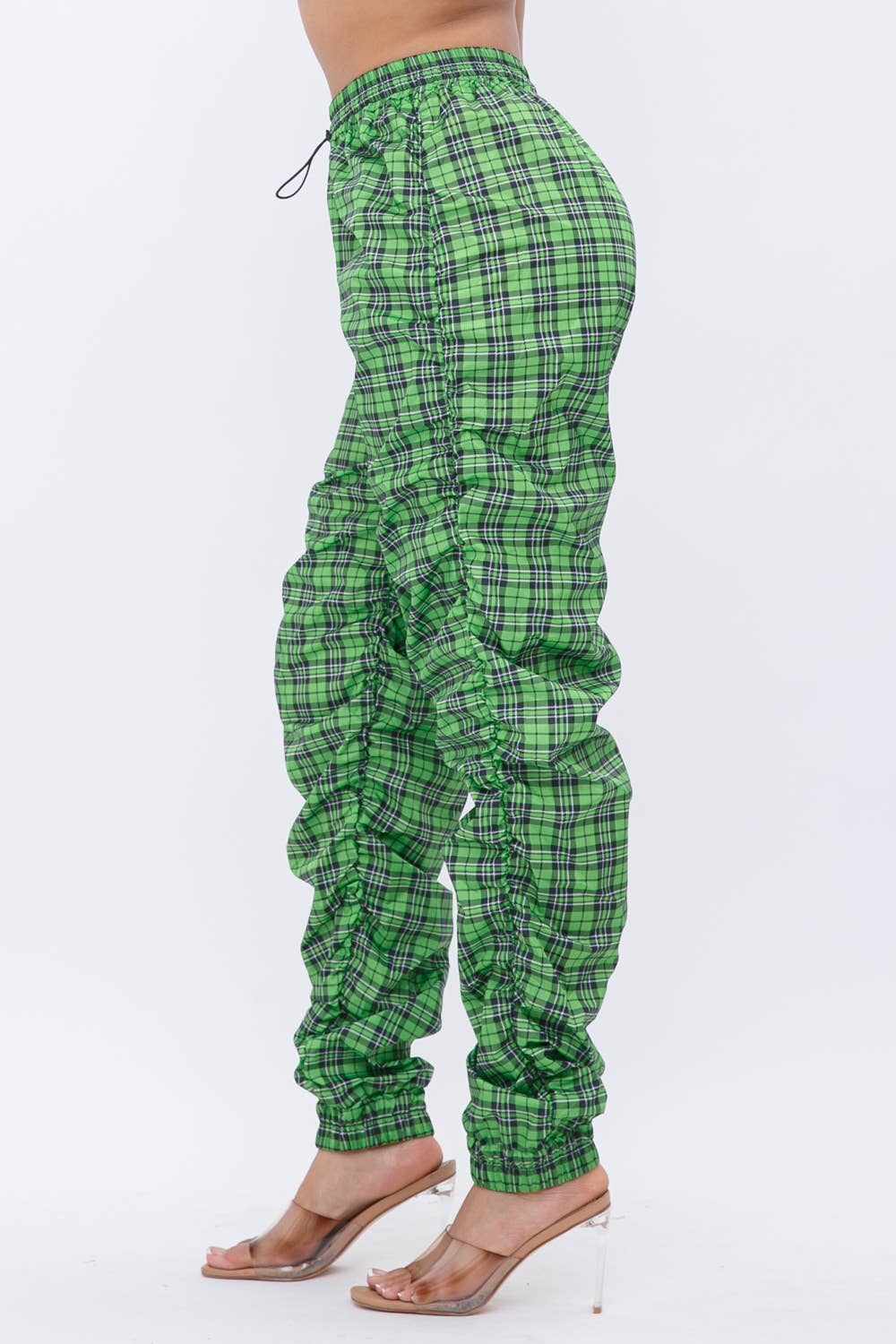 Plaid Print Wind Breaker Drawstring Shirring Jogger Pants