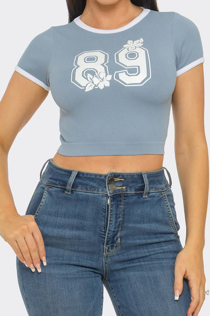Seamless Contrast Binding "89" Screen Print Top