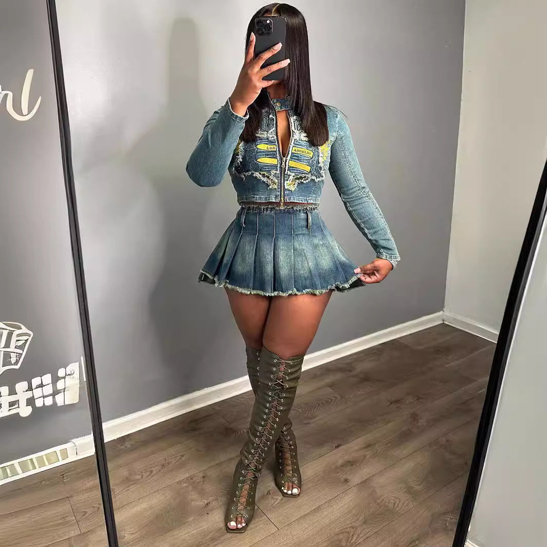 Women’s Embroidered Denim-Style Set – Cotton Top & Skirt / Street Hipster Two-Piece Outfit (S–XXL)