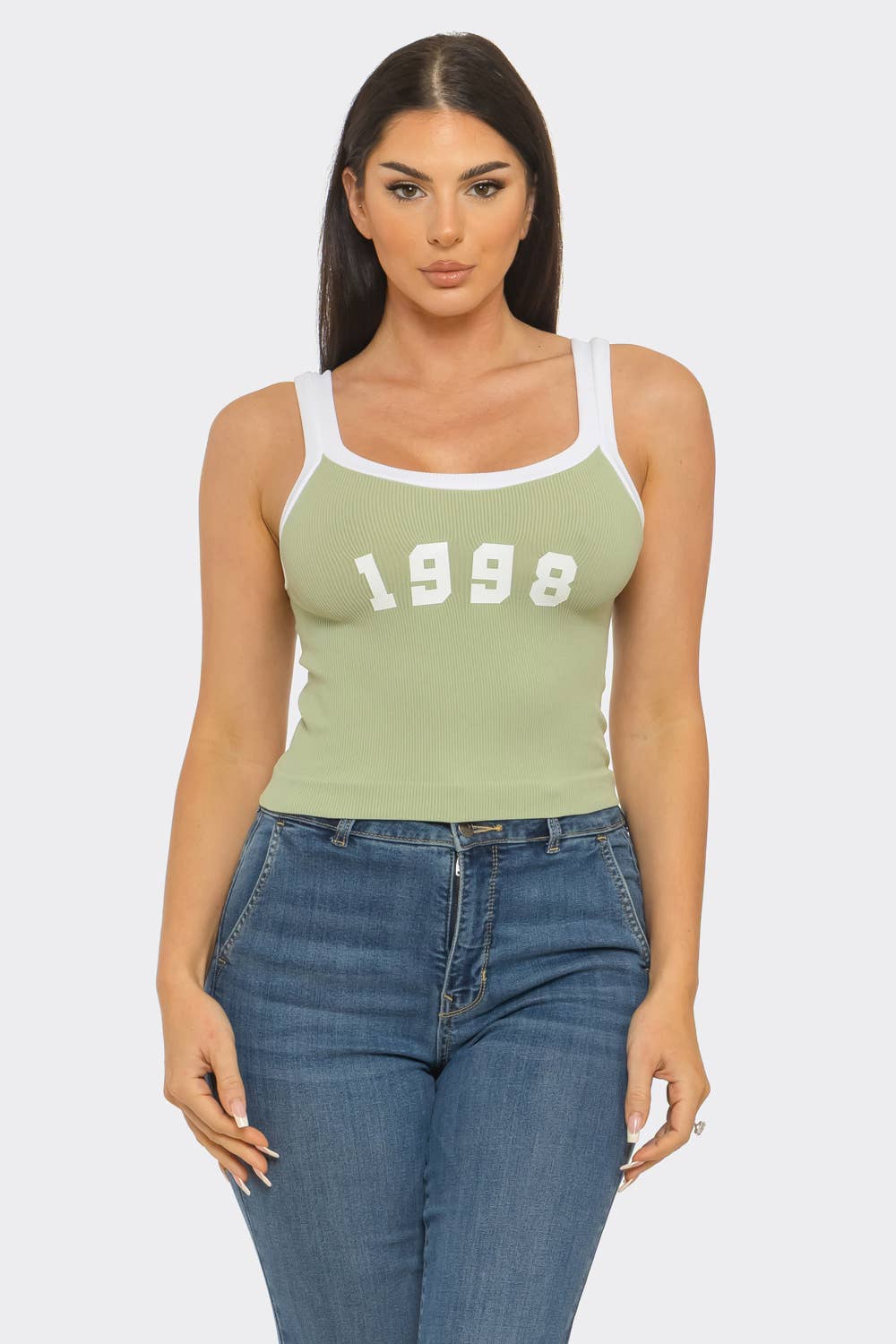 Seamless Contrast Band "1998" Screen Tank Top