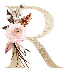 Gold textured letter R with pink and brown floral decoration on white background