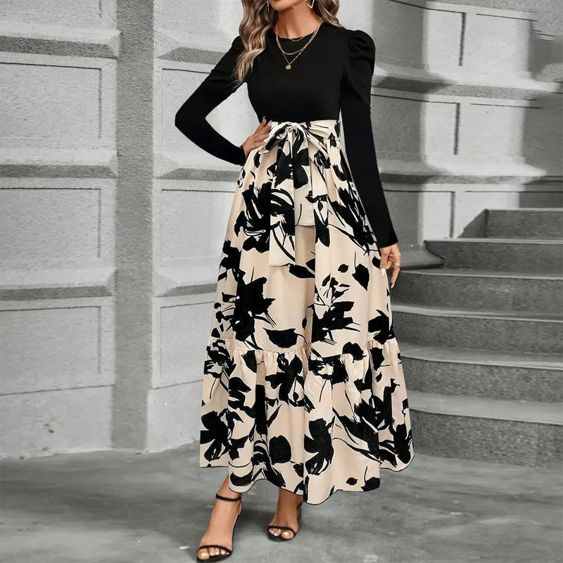 NEW Women's Round Neck Long Sleeve Dress, Patchwork Print & Pleated Maxi Dress With Waist Bow For Spring & Fall