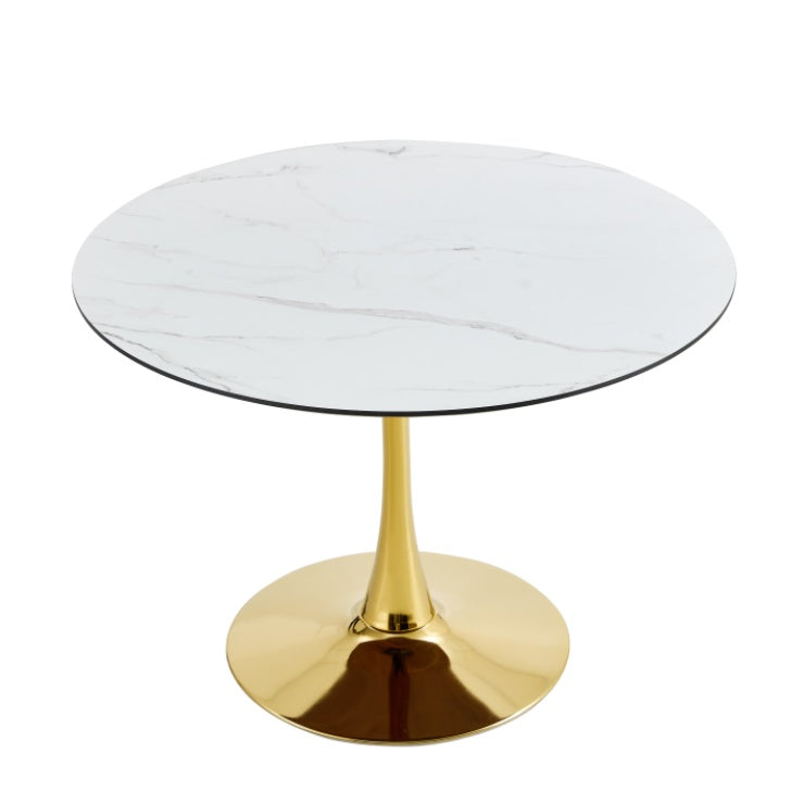 NEW LIVING ROOM DINING TABLE-WHITE ROUND TABLE WITH GOLD LEGS 80CM IN DIAMETER.