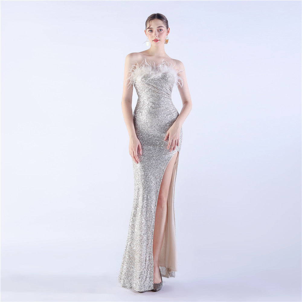 NEW Ostrich Feather Shrink Folding Wrinkle Craft Host High-end Evening Dress