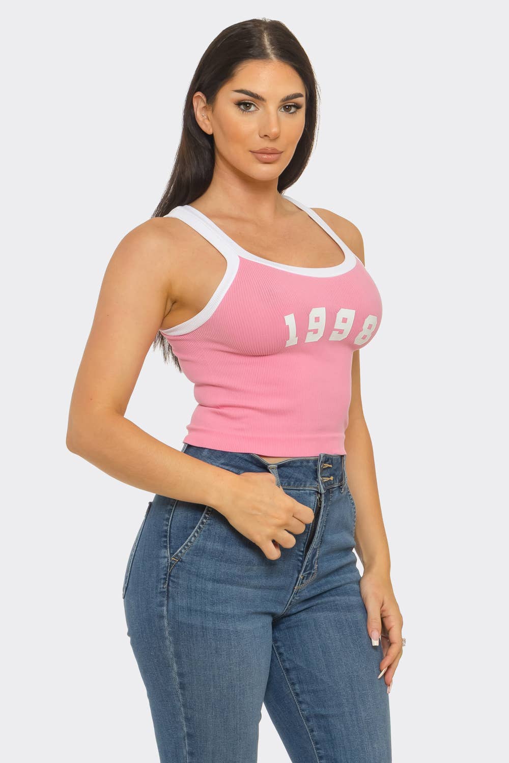 Seamless Contrast Band "1998" Screen Tank Top