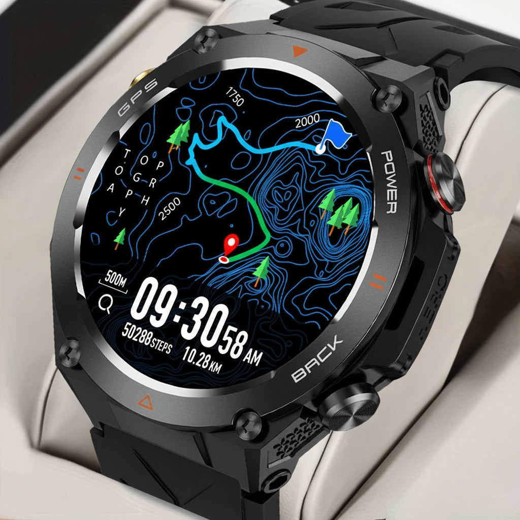 Black GPS smartwatch showing detailed topographic hiking map, step count, distance, and time