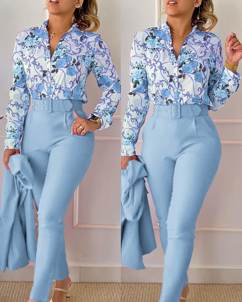 NEW Printed Long-sleeved Top Solid Color Pants Suit With Belt