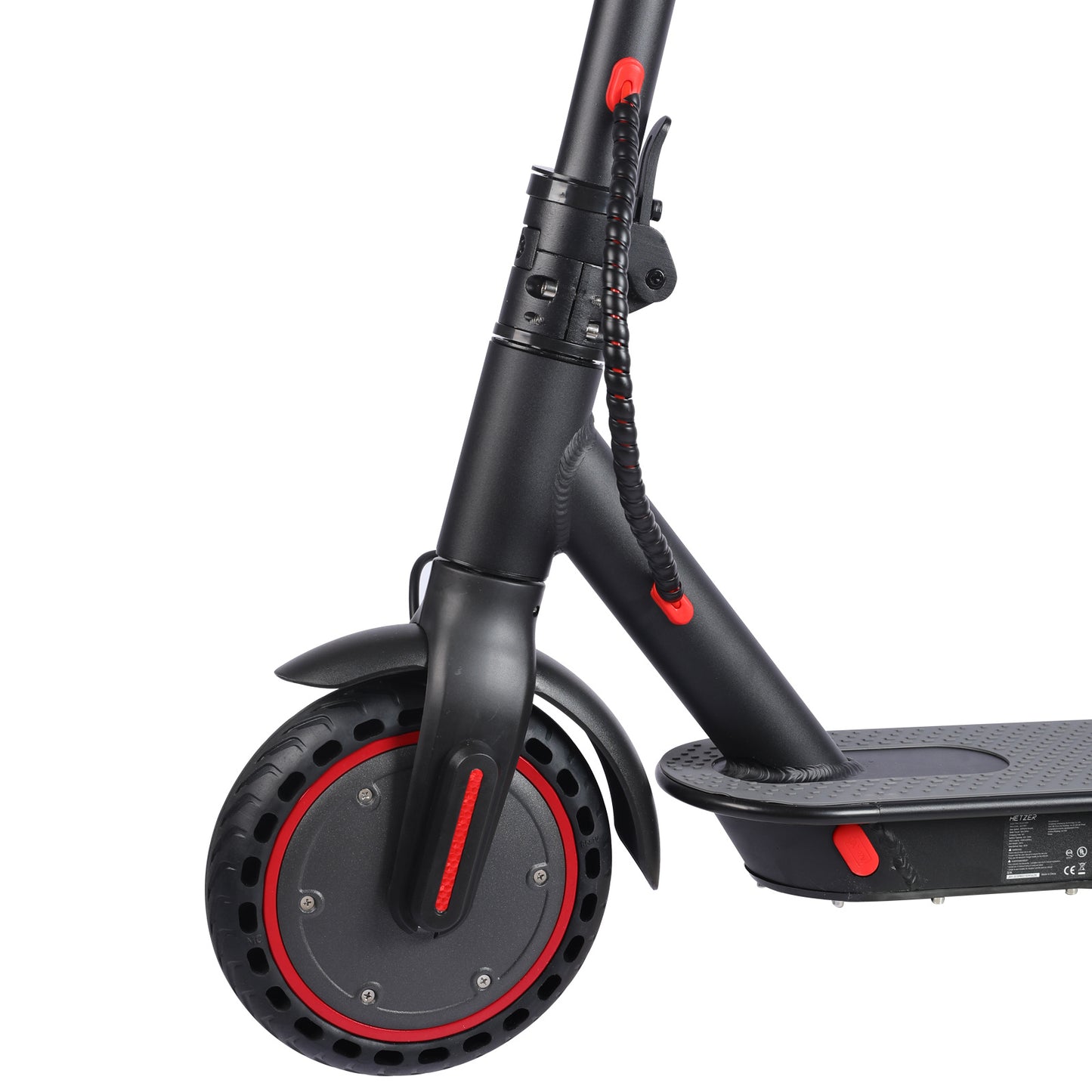 Close-up of black electric scooter front wheel with red accents and textured deck on white background