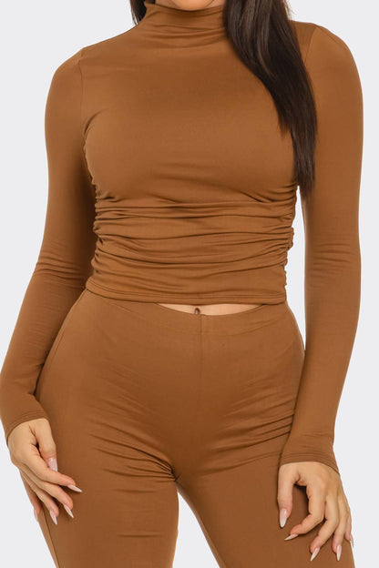 Mock Neck Shirring Top And Flare Leggings Set