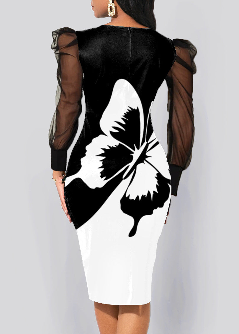 NEW Printed Screen Patchwork Long-sleeved Dress