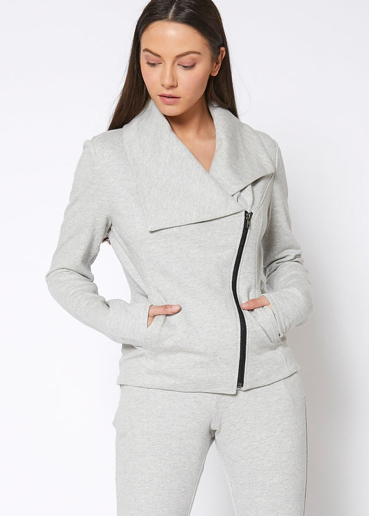 Women’s Longline Zip-Up Tweed Moto Jacket – Oversized Fit with 3/4 Sleeves