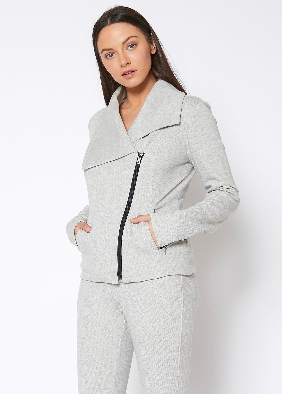 Women’s Longline Zip-Up Tweed Moto Jacket – Oversized Fit with 3/4 Sleeves