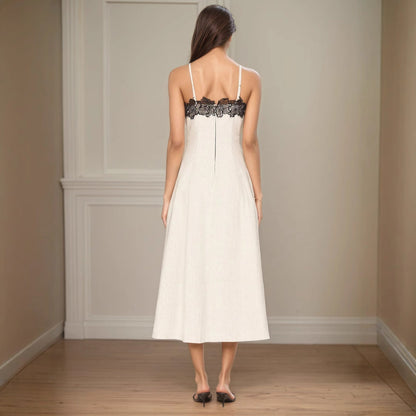 Off White Lace Contrast Camisole Midi Dress – Spaghetti Strap