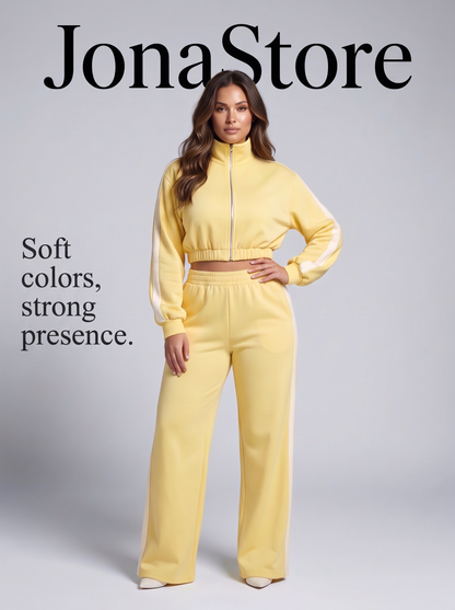 Women's Yellow Two Piece Tracksuit Set Cropped Zip Jacket Jogger Pants Size M