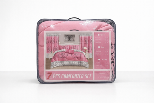 7-Piece Luxury Comforter Set with Curtains & Pillow Shams – Queen, King, Cal King – Pink Embroidered Bedding Set