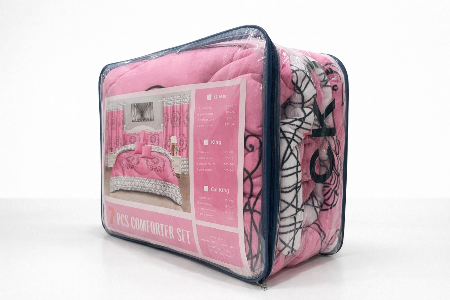 7-Piece Luxury Comforter Set with Curtains & Pillow Shams – Queen, King, Cal King – Pink Embroidered Bedding Set