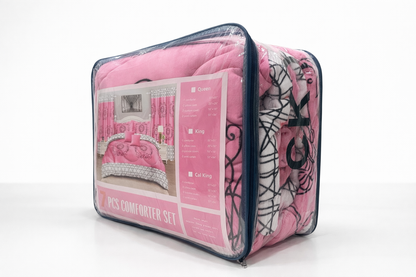 7-Piece Luxury Comforter Set with Curtains & Pillow Shams – Queen, King, Cal King – Pink Embroidered Bedding Set