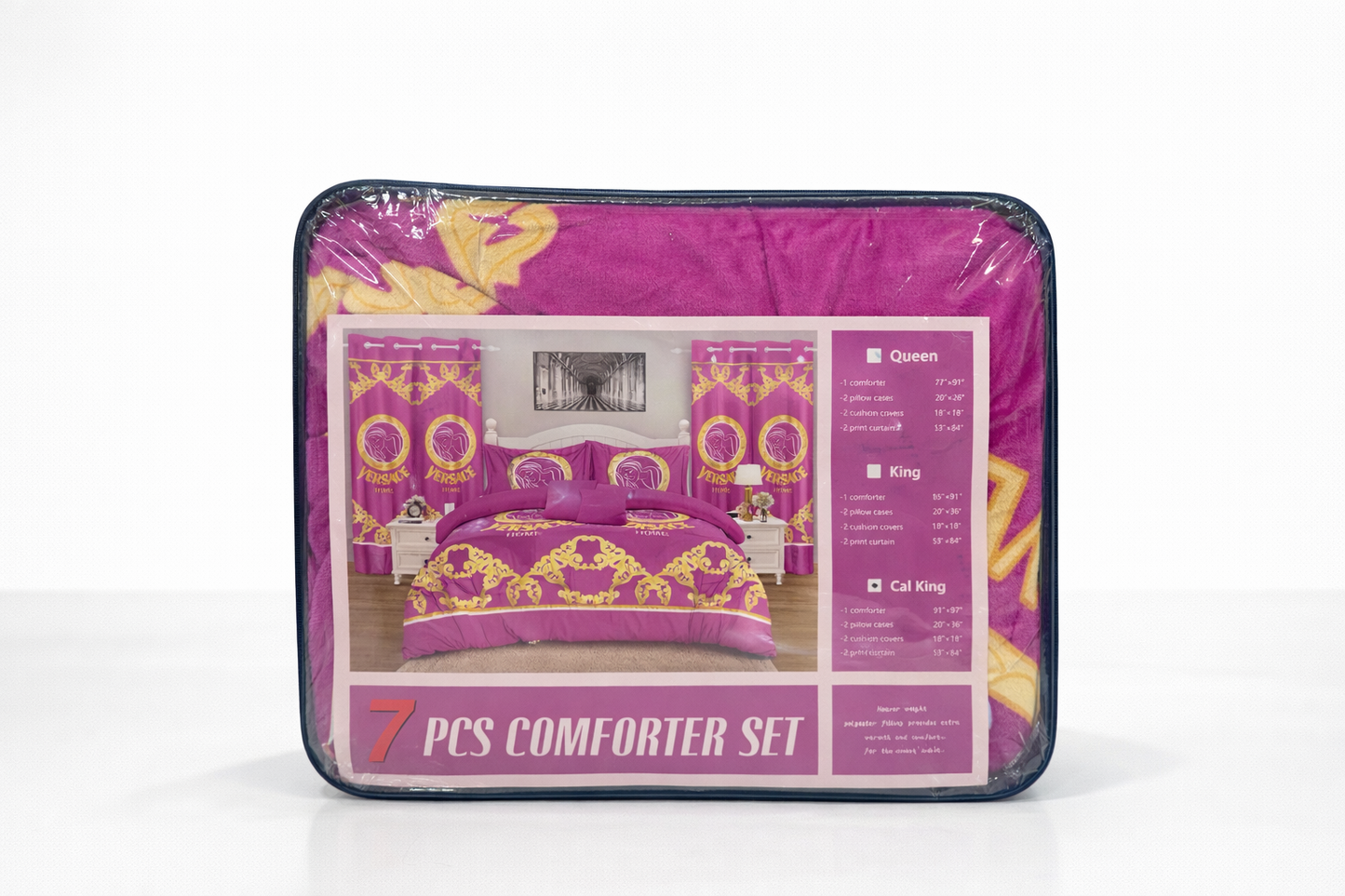 7-Piece Luxury Comforter Set with Curtains & Pillow Shams – Queen, King, Cal King – Pink Embroidered Bedding Set